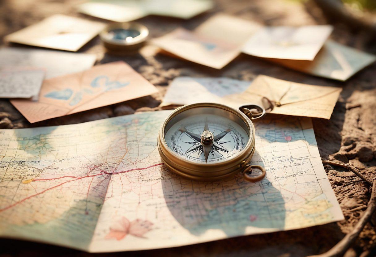 A heart-shaped compass delicately placed on an open map, surrounded by handwritten love notes and small photographs that capture cherished moments. Soft sunlight filters through trees in the background, creating a warm and inviting atmosphere. Gentle pastel colors evoke a sense of nostalgia and warmth. super-realistic. vibrant colors. soft focus.