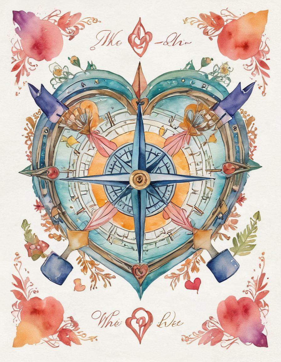 A heart-shaped compass symbolizing love and direction, surrounded by various dating icons like champagne glasses, love letters, and intertwined hands. Bright pastel colors to evoke warmth and romance, with a soft, dreamy background. Include subtle hearts floating in the air to enhance the connection theme. watercolor style. vibrant colors.